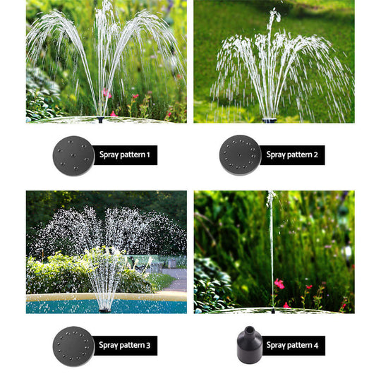 Gardeon solar pond pump spray patterns showcasing four different water spray designs for outdoor fountains.