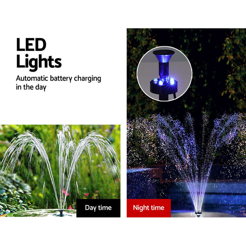 Gardeon Solar Fountain Pump with LED lights, showcasing day and night effects, affordable quality for outdoor gardens.