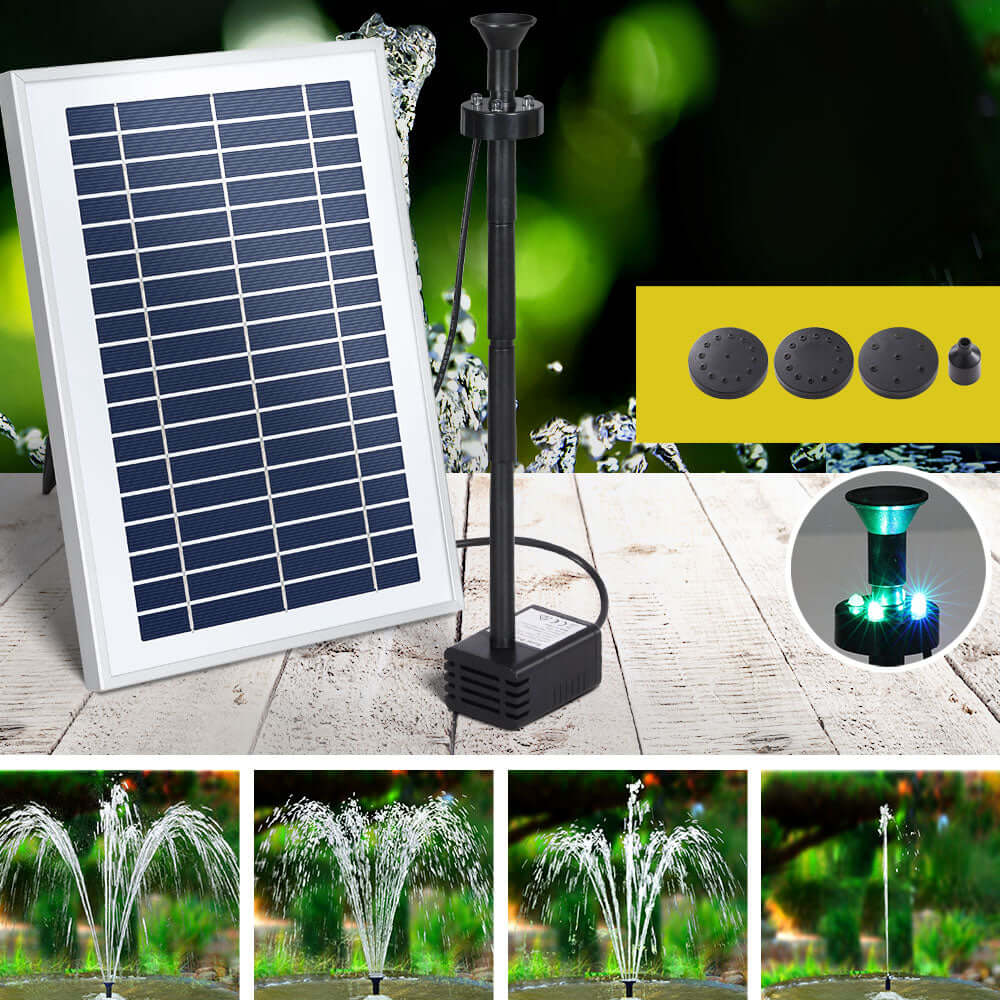 Gardeon Solar Pond Pump with solar panel, fountain heads, and LED lights for DIY outdoor water features.