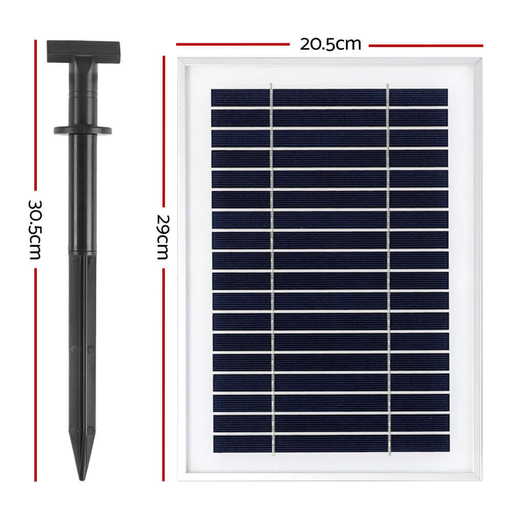 Solar panel and stake dimensions for Gardeon solar pond pump, promoting affordable DIY garden solutions.