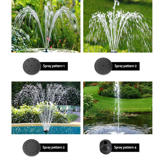 Different spray patterns of Gardeon solar pond pump fountain, enhancing garden aesthetics with affordable luxury.