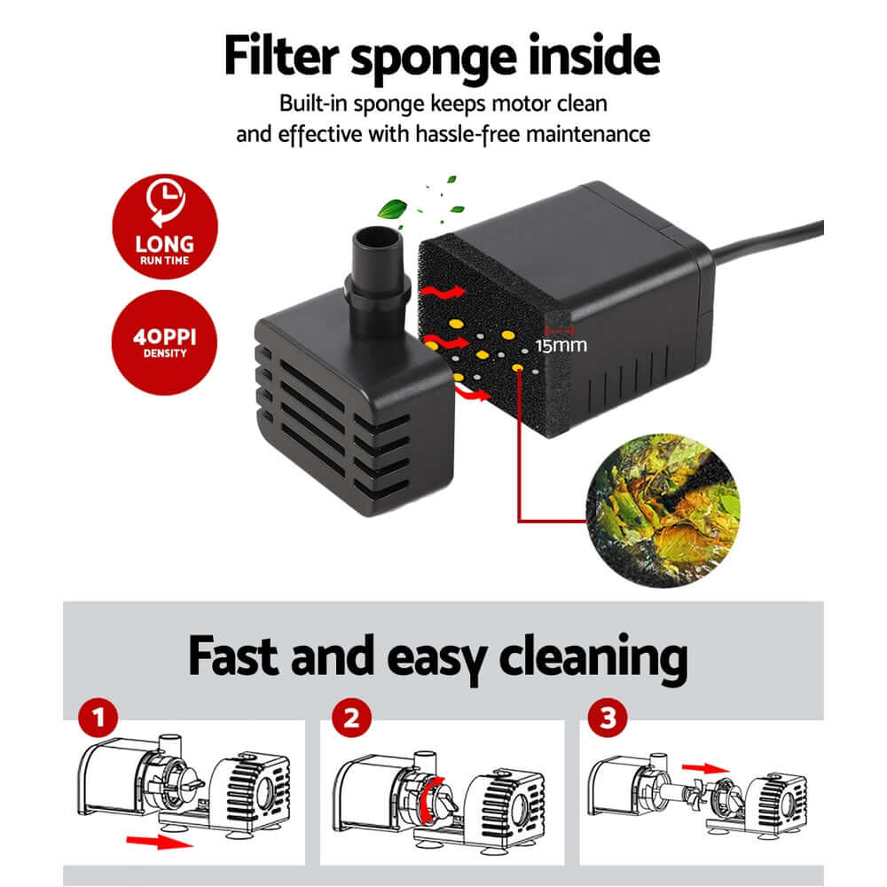 Gardeon Solar Pond Pump filter sponge inside for hassle-free maintenance and long run time, ensuring clean motor performance.