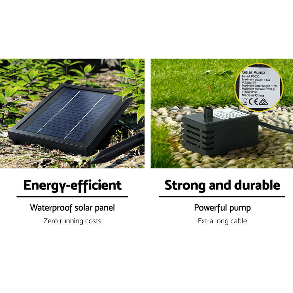 Energy-efficient waterproof solar panel and strong, durable pump with extra long cable for outdoor fountains.