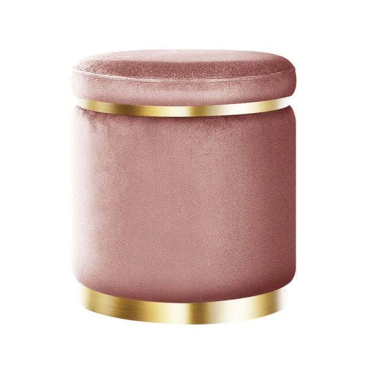 Round pink velvet foot stool with gold trim, adding elegance to your home décor.