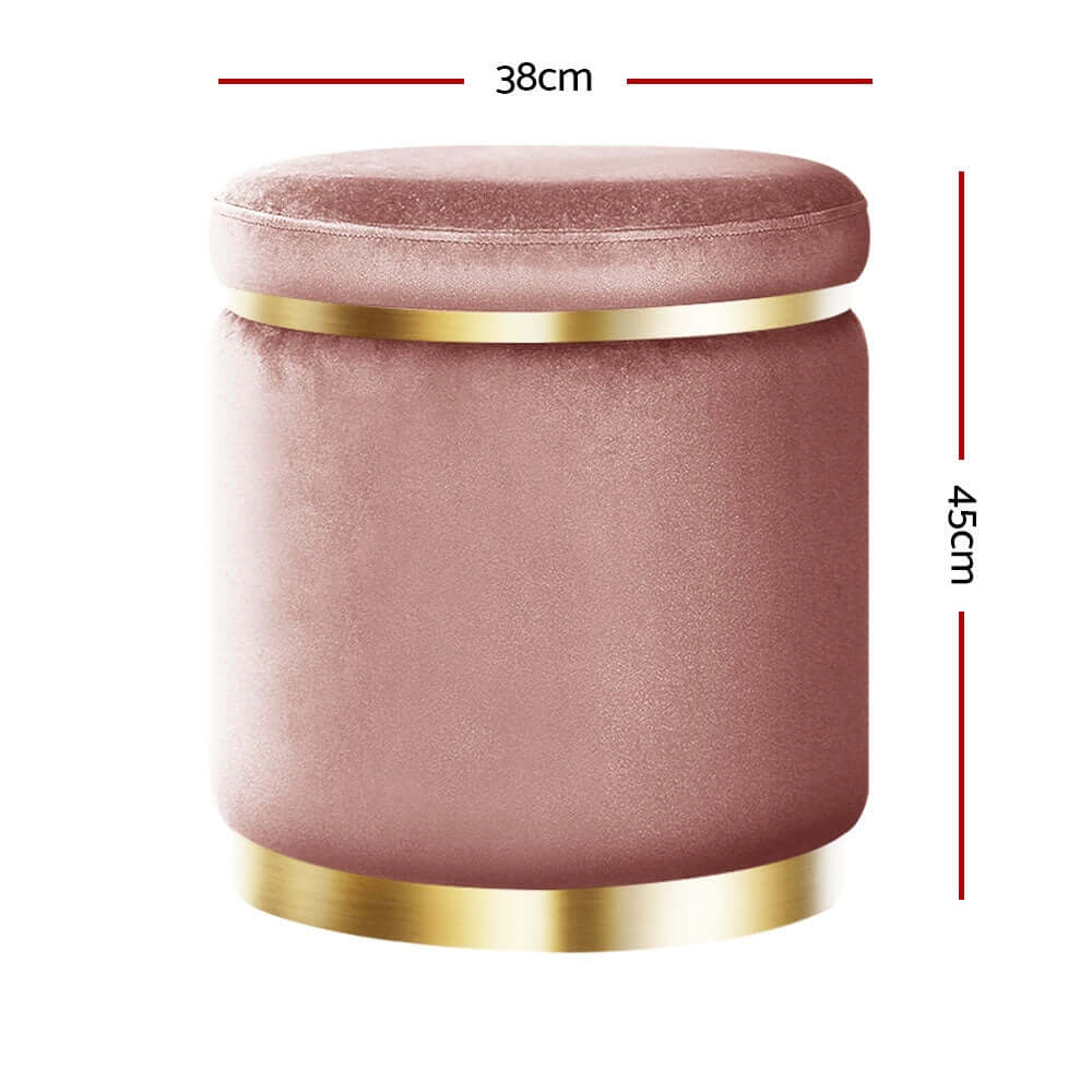 Round pink velvet footstool with gold trim, ideal for affordable luxury in your lounge.