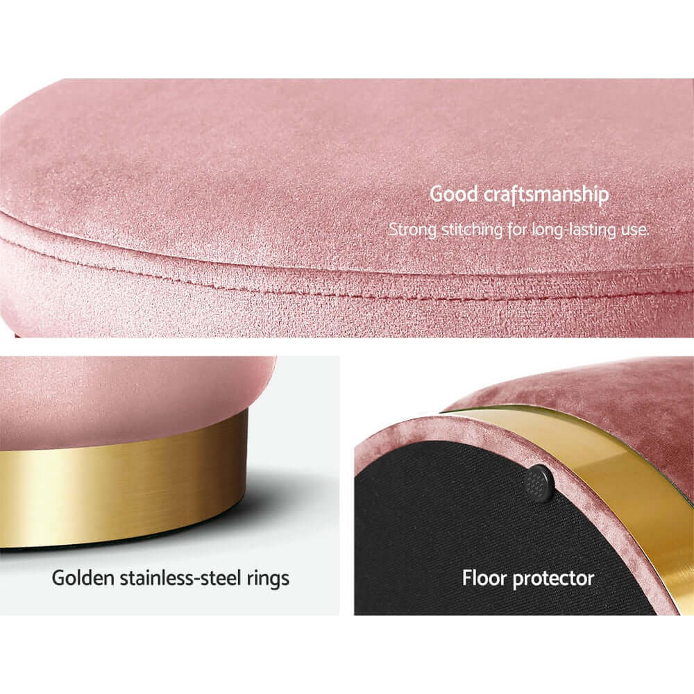 Close-up view of pink velvet ottoman footstool highlighting craftsmanship and golden stainless-steel rings.