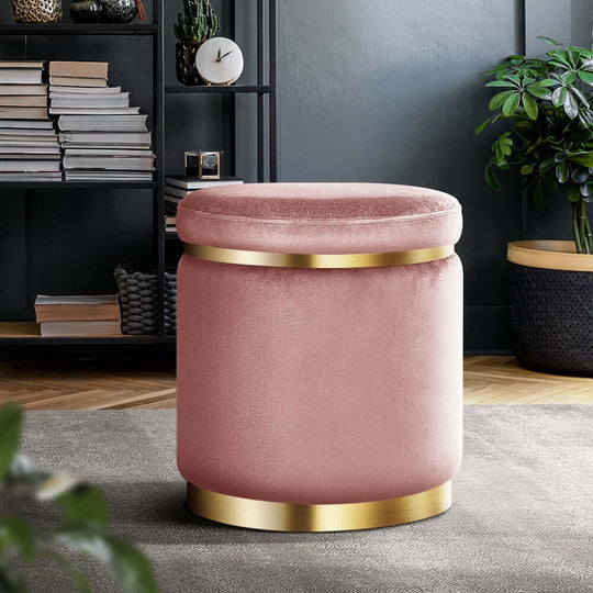 Artiss Ottoman Foot Stool in round velvet pink with gold trim, perfect for stylish and affordable home decor.