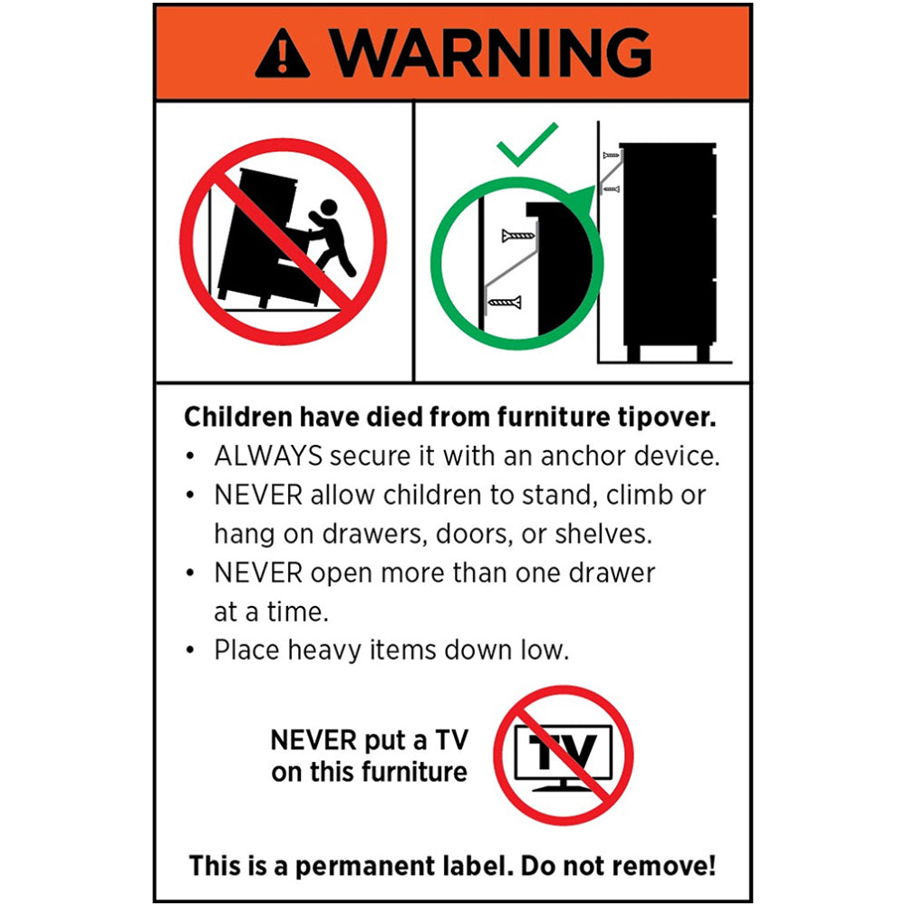 Warning label about furniture safety, advising to secure, avoid climbing, and not place TVs on furniture.