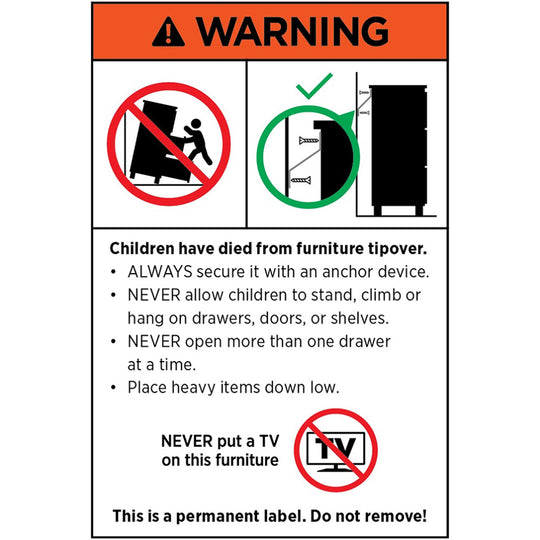 Warning label about furniture safety, advising to secure, avoid climbing, and not place TVs on furniture.