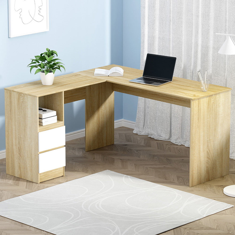 Artiss Computer Desk Drawer Cabinet L - Shape Oak 136Cm