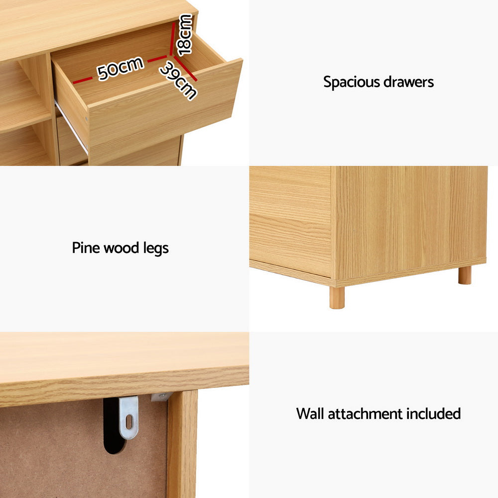 Artiss Chest of 3 Drawers showcasing spacious drawers, pine wood legs, and wall attachment for secure storage solution.