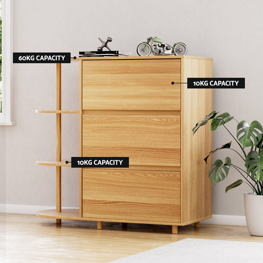 Artiss Chest of 3 Drawers Storage Cabinet with 60kg top and 10kg shelves, crafted from durable pine and designed for versatile use.