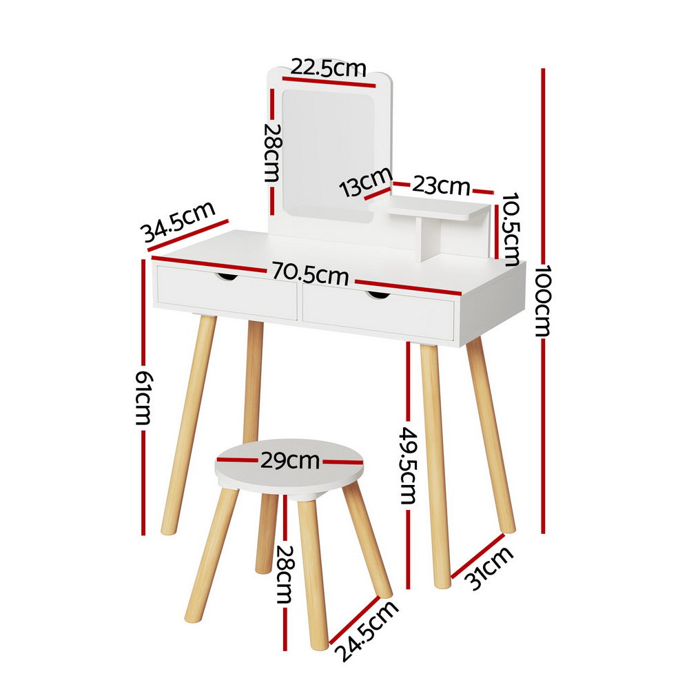 Keezi Kids Dressing Table Vanity Makeup Chair Set with measurements for dimensions, white tabletop, mirror, drawers, and wooden legs.