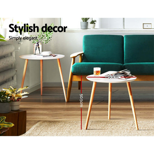 Artiss Coffee Table Round 50CM Callix with white top and beech wood legs, perfect for stylish and affordable home decor.