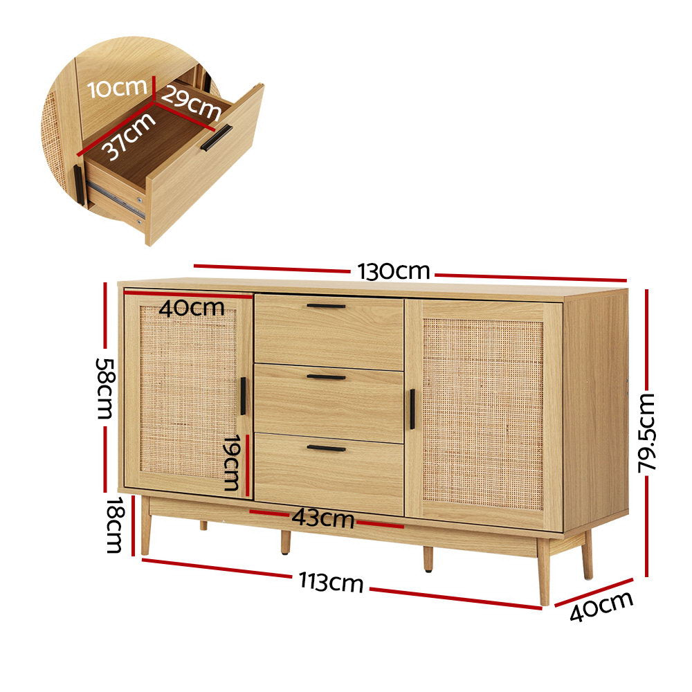 Artiss Rattan Buffet Sideboard Briony Oak dimensions and measurements for storage compartments and overall size