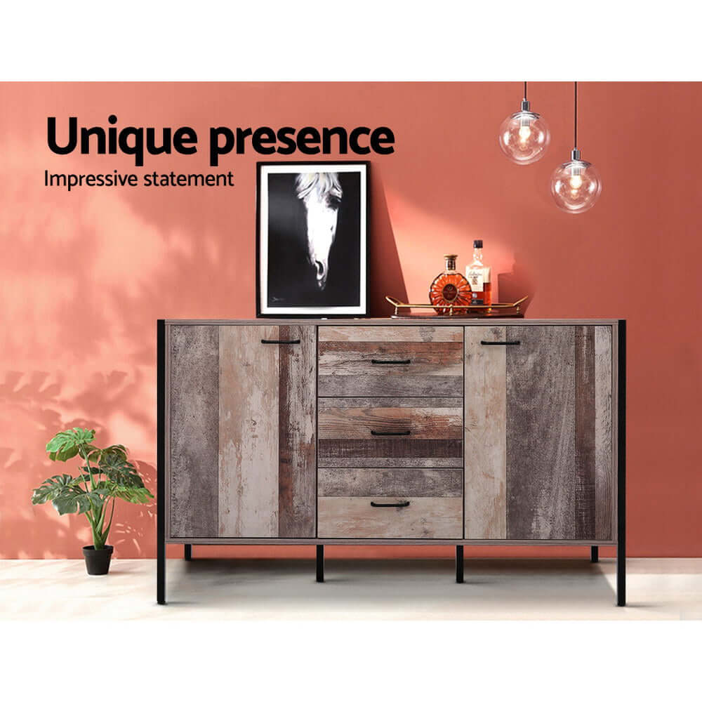 Artiss Buffet Sideboard - BARNLY with rustic wooden finish, three drawers, and two cabinets in modern living room setting