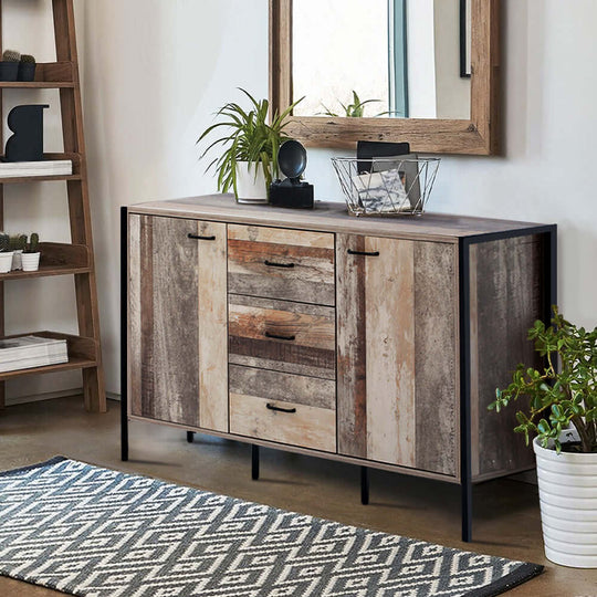 Artiss Buffet Sideboard in a modern home, featuring three deep drawers, two spacious cabinets, metal handles, and a rustic design.