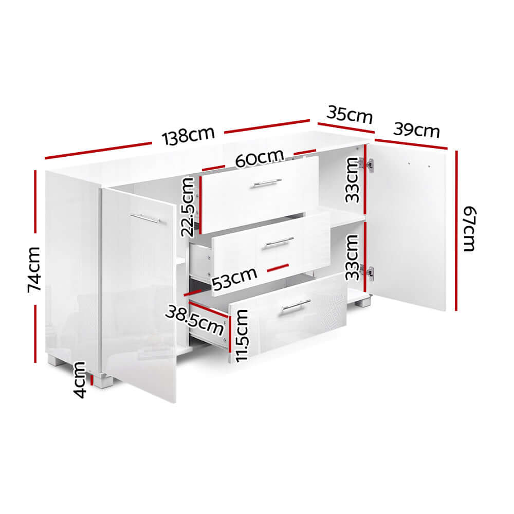 Artiss Buffet Sideboard White showing dimensions of drawers and cupboards for storage space.