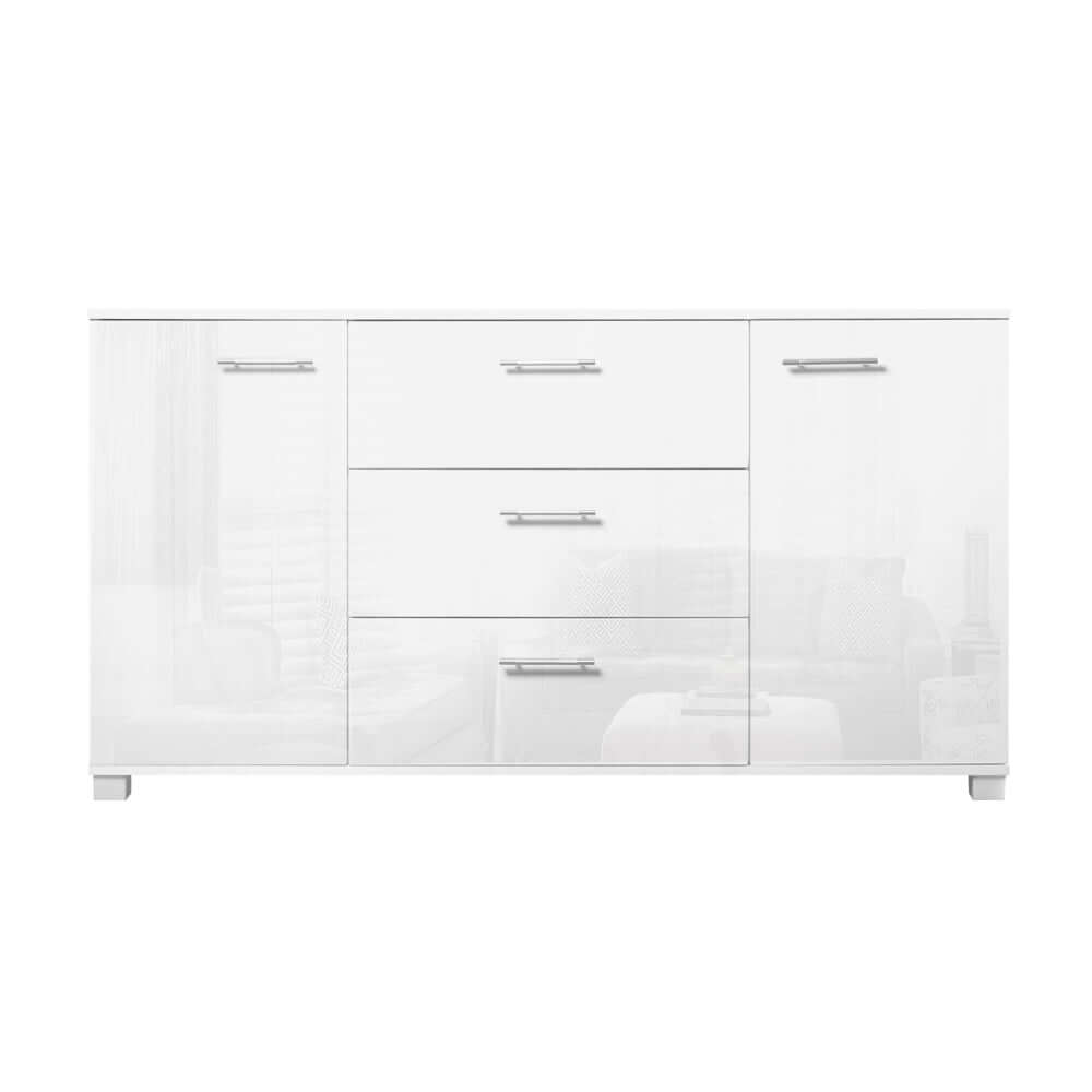 Artiss Buffet Sideboard High Gloss White with Three Drawers and Two Cupboards for Storage and Modern Home Style