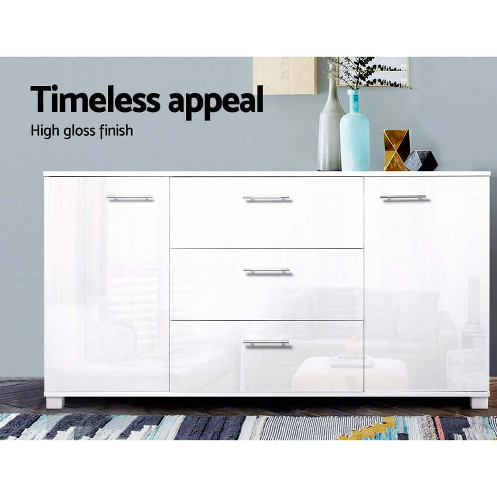 Artiss Buffet Sideboard High Gloss White with Three Drawers and Two Cupboards in Modern Living Room Setting