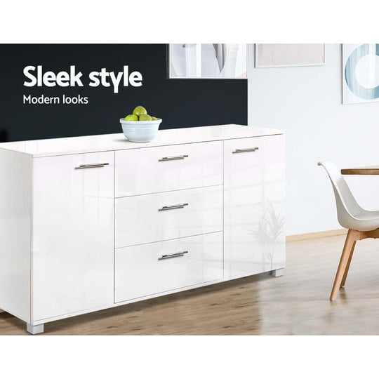 Artiss Buffet Sideboard High Gloss White with three drawers and two cupboards in a modern living room setting