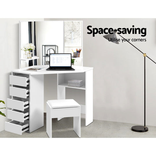 DSZ Product, feed-cond-new, feed-sl-DSZ Freight Payable, newArtiss Dressing Table Stool Set Corner 5 Drawers White - Premium Furniture > Bedroom > Dressing Vanity & Dressing Tables from Artiss ! Shop Online Buy Now at S & D's Value Store Family Business Best Customer ServiceDSZ Product, feed-cond-new, feed-sl-DSZ Freight Payable, new