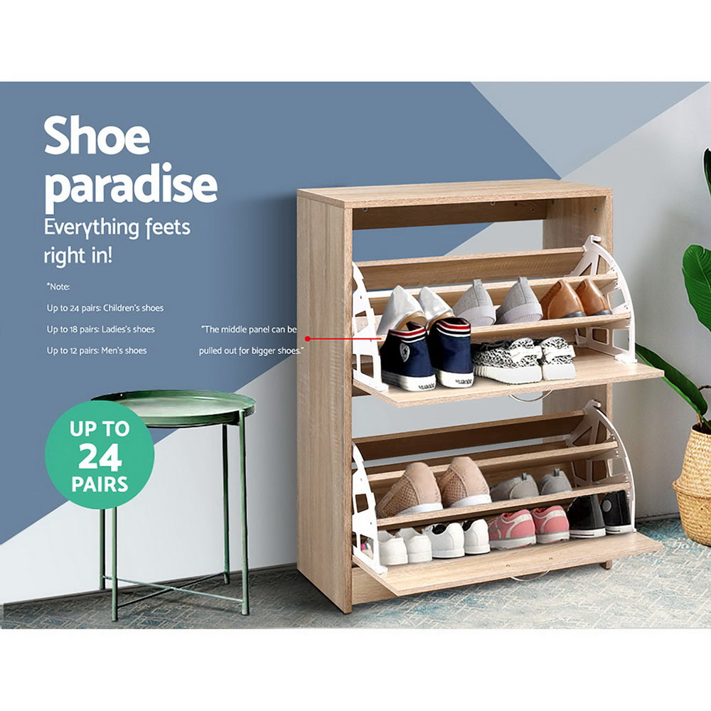 Artiss Shoe Rack Cabinet showcasing up to 24 pairs, featuring pull-down compartments for organized footwear storage.