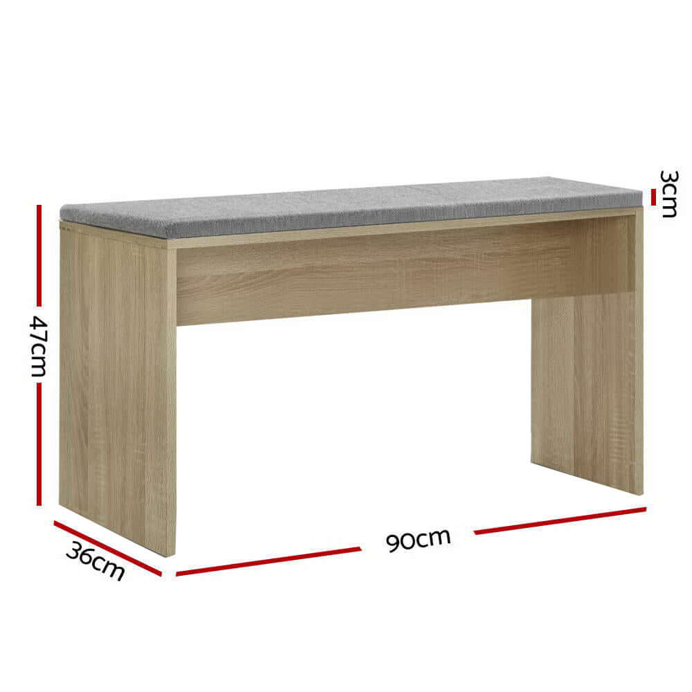 Artiss Dining Bench with Upholstery Seat and Wooden Frame, 90cm Long Oak Finish, Measurements: 47cm Height, 36cm Width, 3cm Cushion Thickness