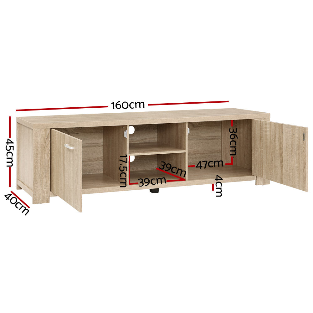 Artiss 160cm TV cabinet in pine finish with measurements indicating dimensions and storage spaces, ideal for modern entertainment setups.