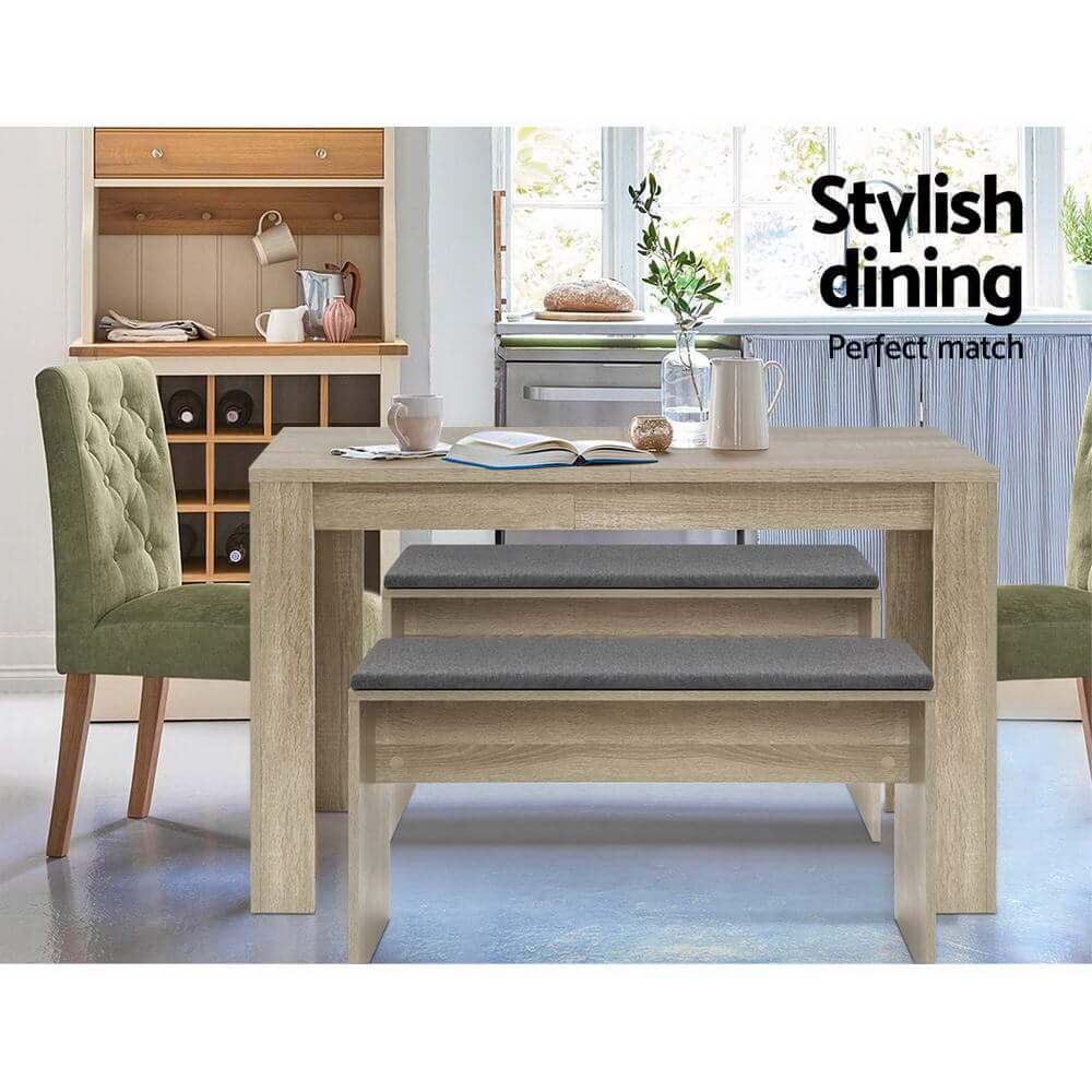 Artiss NATU rectangular dining table in natural oak with 4 seater dining chairs in stylish kitchen setting.