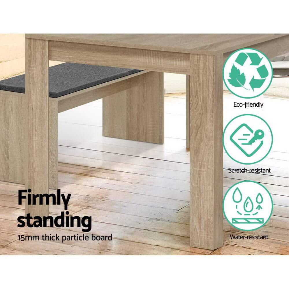 Artiss NATU Dining Table showcasing its eco-friendly, scratch-resistant, and water-resistant 15mm thick particle board.