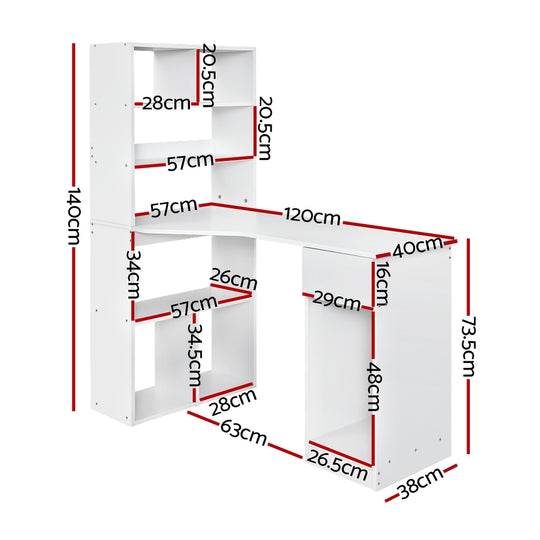 Artiss Computer Desk Bookshelf Drawer Cabinet White 120Cm