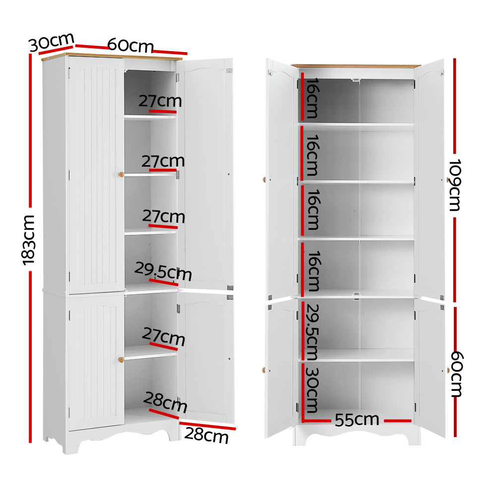 Artiss Berne White Buffet Sideboard with 4 Doors and 6 Tiers of Storage, Dimensions Displayed