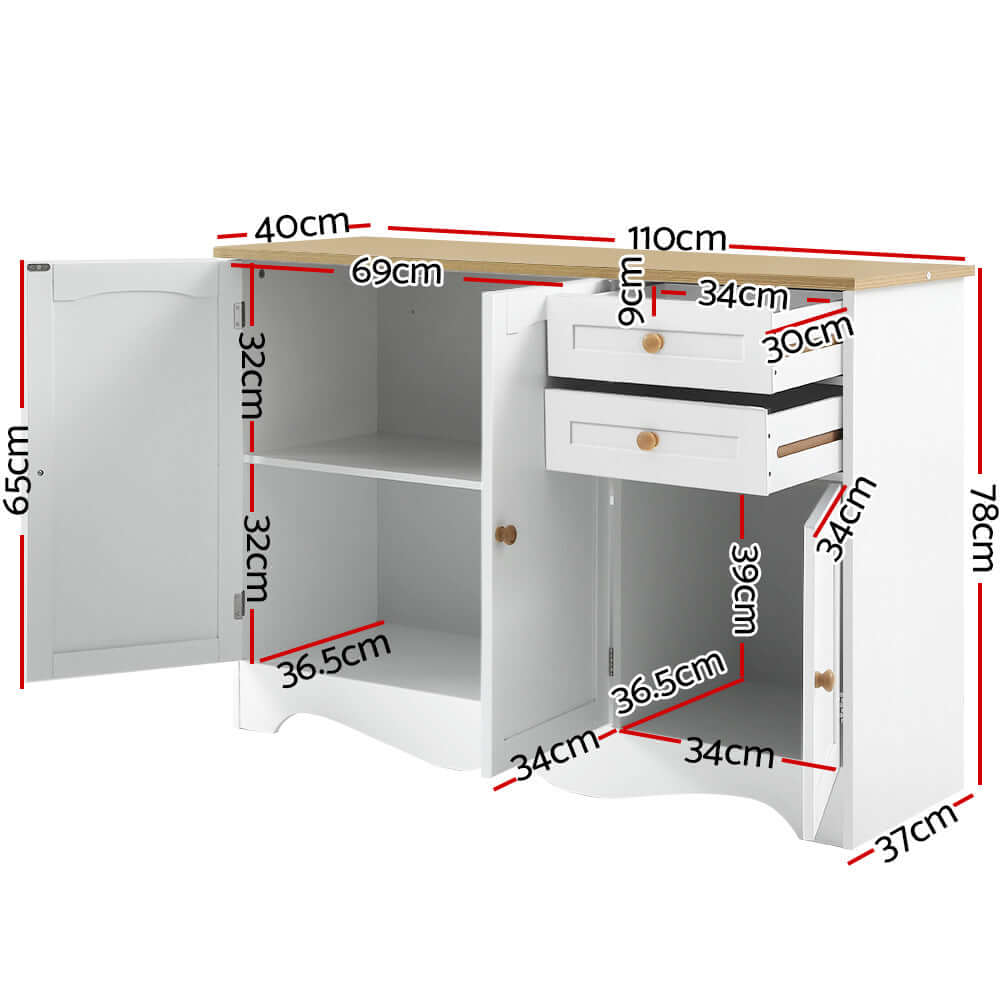 White Artiss Buffet Sideboard with dimensions, featuring three doors, two drawers, and ample storage space for various rooms