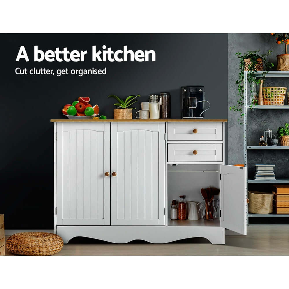 Artiss Buffet Sideboard with 3 Doors in kitchen, featuring ample storage, decorative detailing, and vintage white finish.