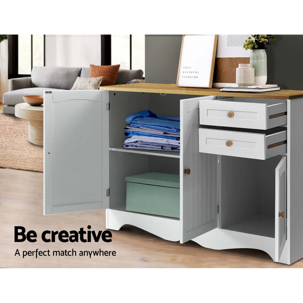 Artiss Berne white buffet sideboard with open doors and drawers showing storage areas in a modern living room.