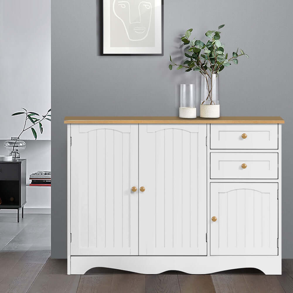 Artiss Berne White Sideboard with 3 Doors and 2 Drawers in Vintage Non-Toxic Paint Finish in Modern Home Setting