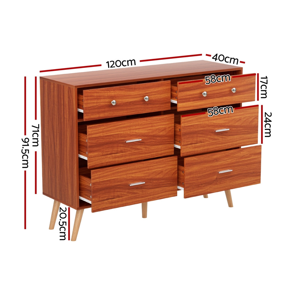 Artiss 6 Chest of Drawers Storage Cabinet in walnut finish with six drawers and dimensions for stylish bedroom organization.