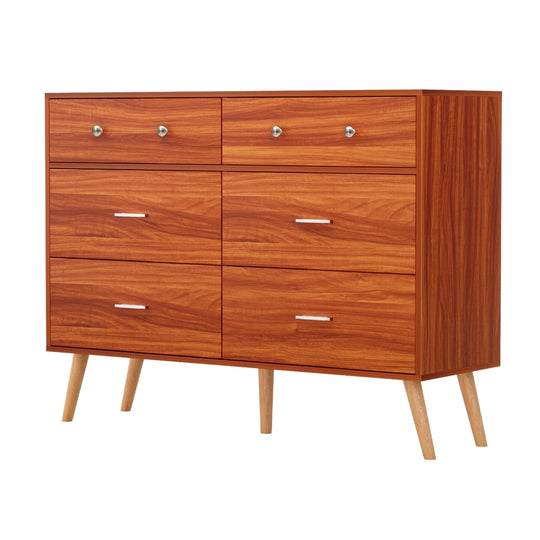 Artiss 6 Chest of Drawers in walnut finish with six drawers, metal handles, and rubber wood legs for stylish bedroom storage.