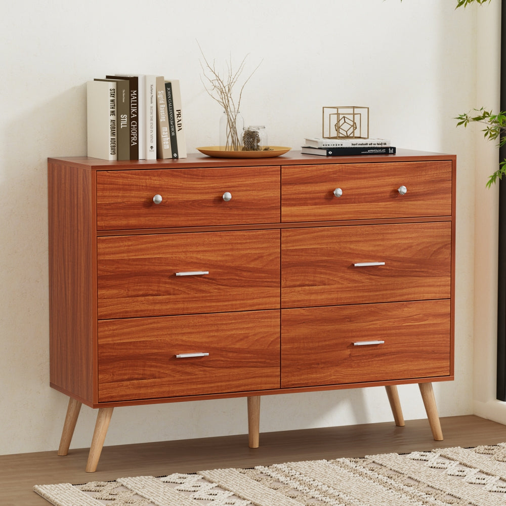 Artiss 6 Chest of Drawers in walnut finish with six drawers, sleek metal handles, and rubber wood legs for affordable luxury.