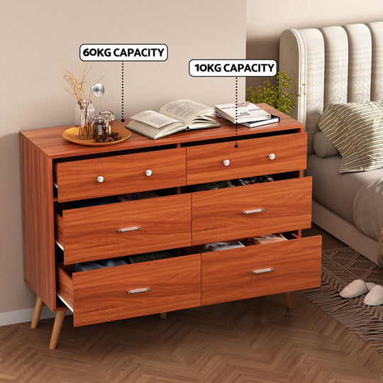 Artiss 6 Chest of Drawers Storage Cabinet in Walnut with six spacious drawers and weight capacity labels.