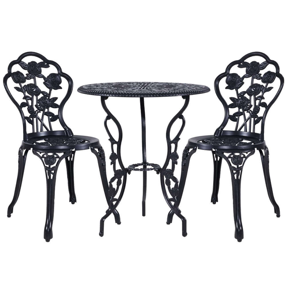 Gardeon outdoor bistro set featuring black cast aluminum chairs and table with rose design, perfect for affordable DIY gardens.