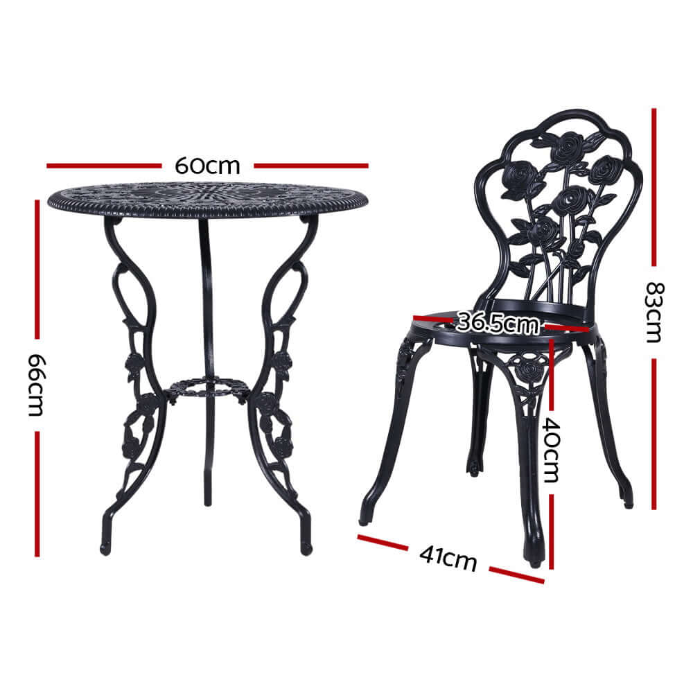 Gardeon 3PC Outdoor Bistro Set featuring black cast aluminum table and rose-pattern chairs, stylish and affordable for any garden setting.