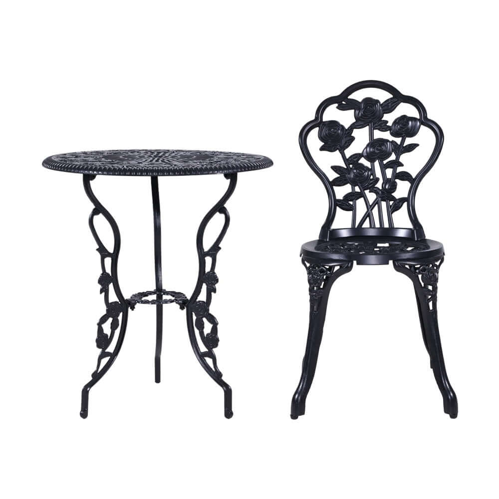 Gardeon 3PC cast aluminum bistro set with rose design table and chair, perfect for affordable outdoor relaxation.