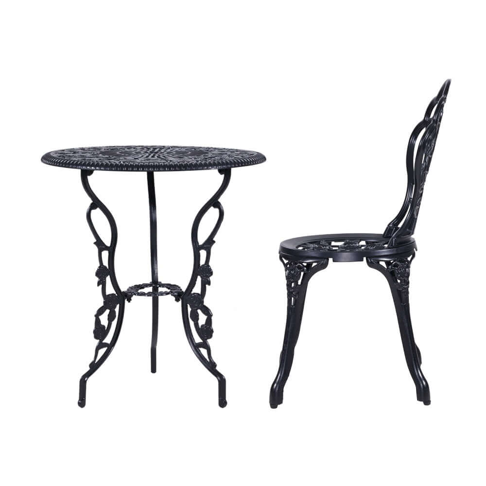 Gardeon vintage outdoor bistro set featuring a round cast aluminum table and decorative chair in black.