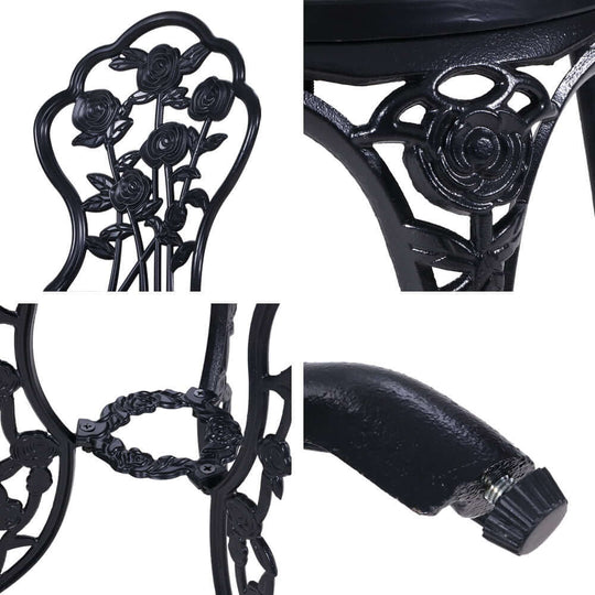 Gardeon Bistro Set detail showing cast aluminum rose design and sturdy construction for outdoor relaxation.