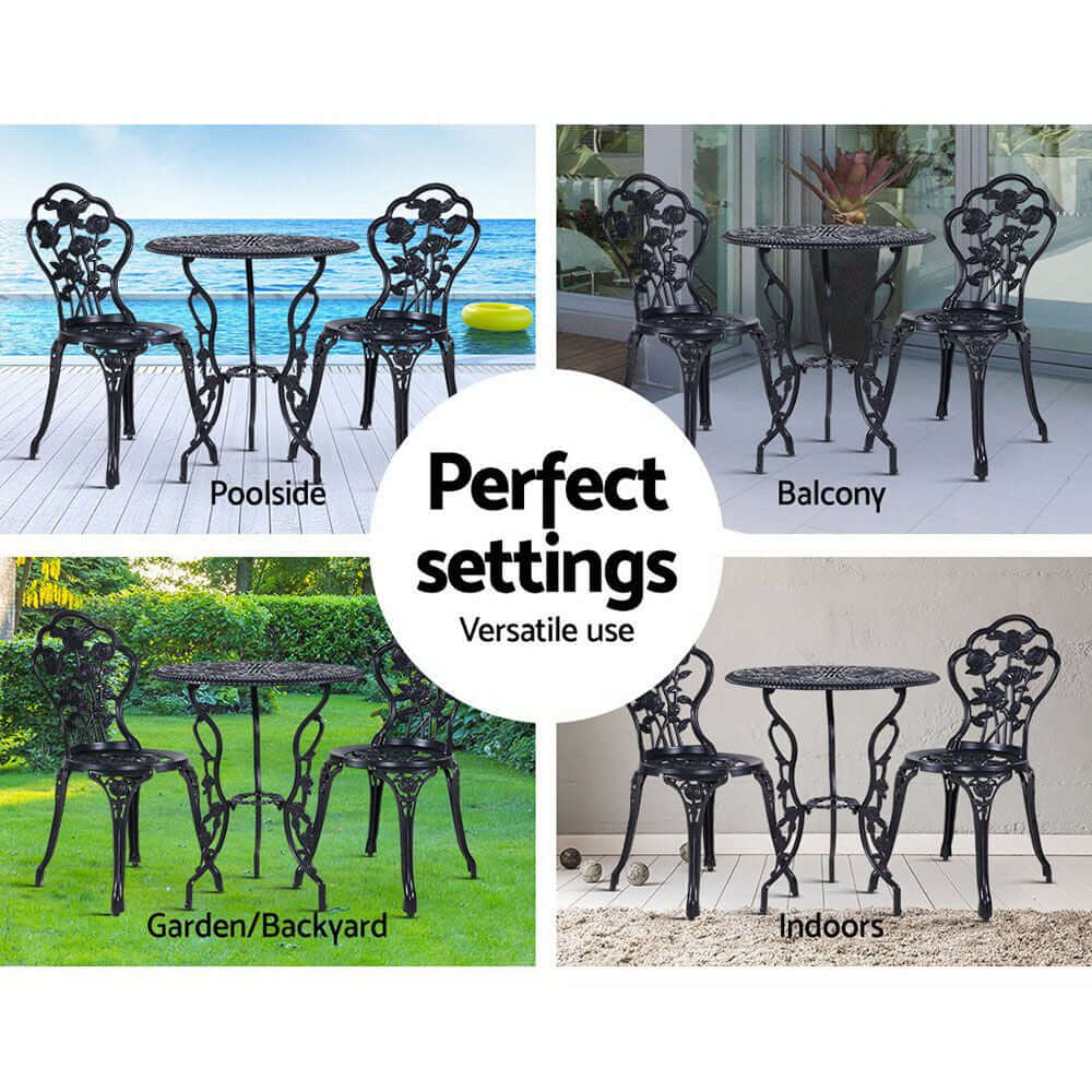 Gardeon Bistro Set showcasing four ideal settings: poolside, balcony, garden, and indoors for versatile outdoor living.