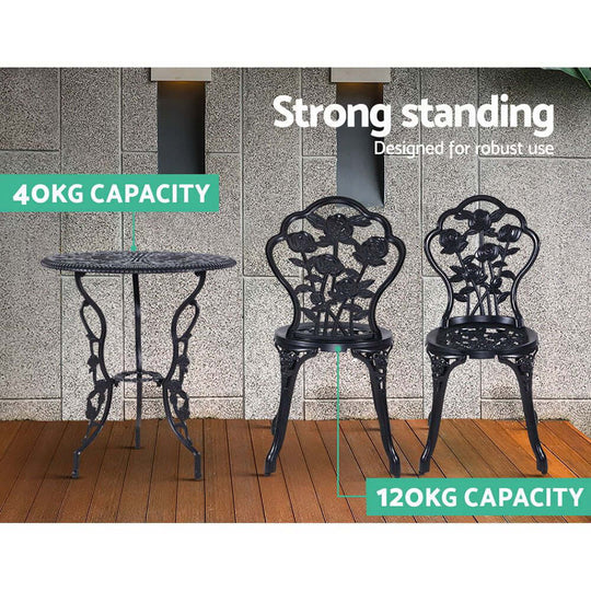 Gardeon bistro set with strong standing; table 40kg, chairs 120kg capacity, designed for robust outdoor use.