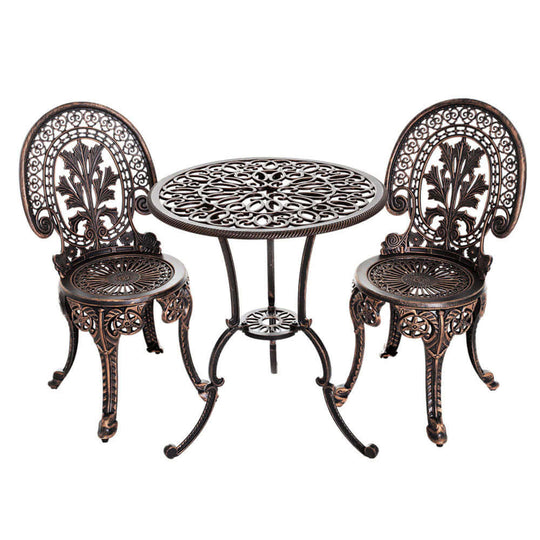 Gardeon 3PC outdoor bistro set with bronze aluminium chairs and table, ideal for gardens and patios.