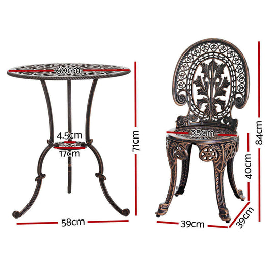 Dimensions of Gardeon 3PC patio bistro set, including table and chair measurements, stylish outdoor furniture.